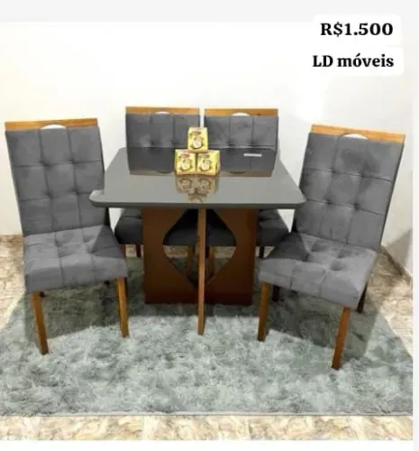 Mesa de Jantar com 4 Cadeiras Cinza e Tampo de Vidro