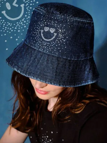 Chapéu Bucket Jeans com Strass - Motf . S.W Smiley<br>