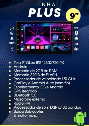 MULTIMÍDIAS AUDIO TECH 9 POLEGADAS 2/32 CARPLAY SEM TV INCLUSO