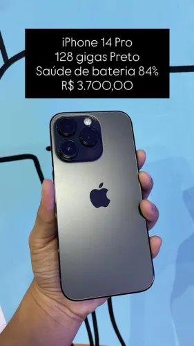 iPhone 14 Pro / 128GB / Preto / Saúde de bateria 84% / R$ 3.700,00 