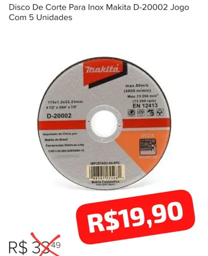 Disco de Corte para Inox Makita D-20002 - Jogo com 5 Unidades