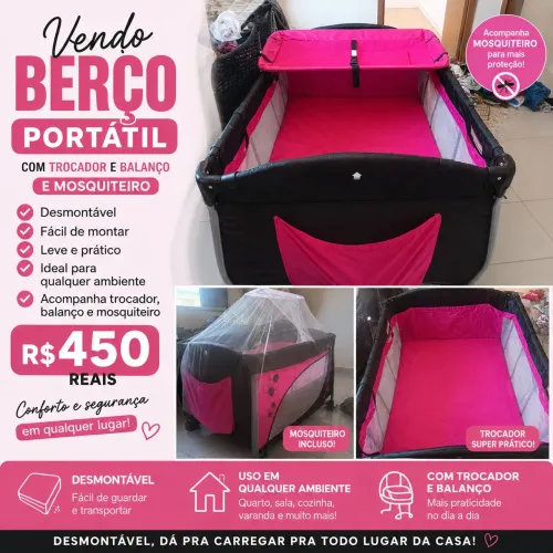 Berço portátil com trocador, mosquiteiro e balanço 