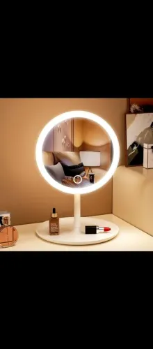 Espelho LED de Mesa com Bandeja Porta Maquiagem Luz 3 Cores Ajustável Touch USB