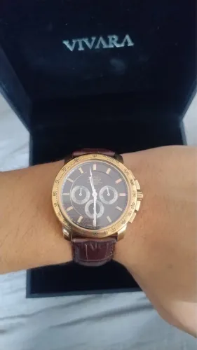 Relógio Vivara Cronógrafo Tachymeter Masculino ? Rosé Gold + Couro | Com Caixa Original