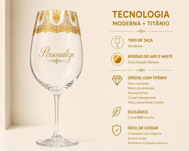 Taça Cristal Titânio Bordeaux em Ouro Liquido Italiano Personalizada