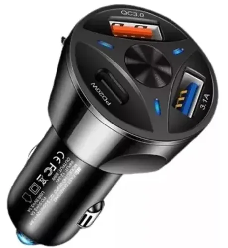 Carregador Veicular 3 Entradas Usb Tipo C Pd Turbo 55w Carro
