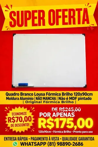 Quadro branco escolar moldura alumínio 120 x90 cm
