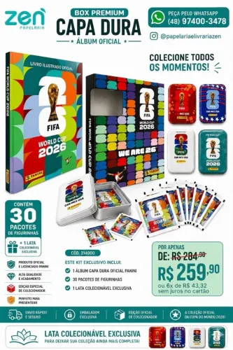 Kit com 1 Álbum da copa Capa Dura COLORIDO + 30 pacotes de figurinhas + 1 Lata colecionav