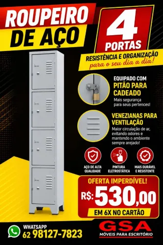 Roupeiro de aço 4 portas em 6x no cartão ( Entrega grátis! )