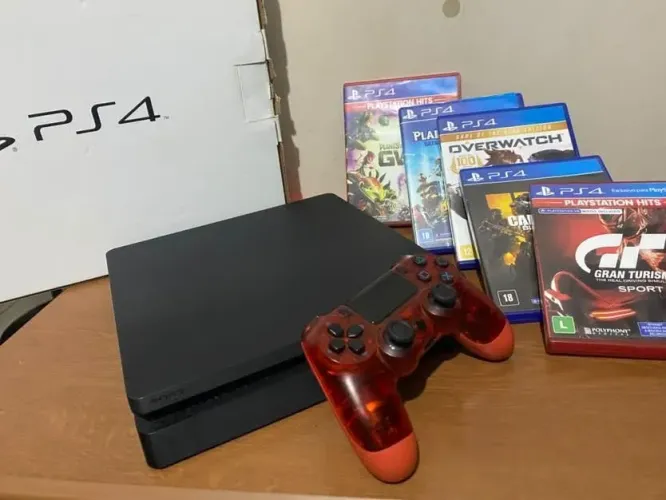 PS4 Slim 1TB + Caixa + Controle + 5 Jogos