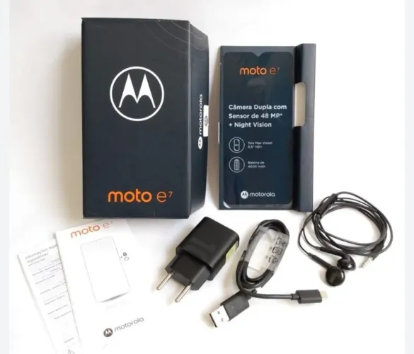 MOTOROLA E7, NUNCA USADO, COMPLETO, NA CAIXA, CINZA AZULADO, CÂMERA DE 48MP, TELA 6.4