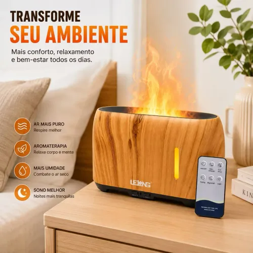 Umidificador Aromatizador de Ar com Simulador de Chamas 240ml e Controle
