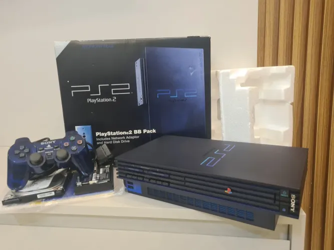 Playstation 2 FAT Midnight Blue Completo na caixa, com HD Interno Recheado, Carcaça Zerada