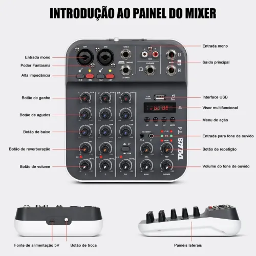 Mesa de Som 4 Canais Com Bluetooth e Pen Drive, Com Efeitos na Voz