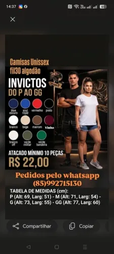 Camisas Unissex fil30 algodão