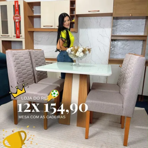 PROMOÇÃO URGENTE - Mesa de Jantar Naomi com Tampão em Vidro 4 CADEIRAS Cinza Claro