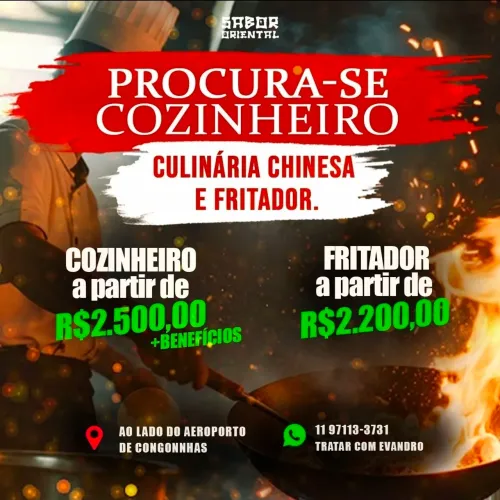 Contrata-se imediato cozinheiro em culinária chinesa, fritador  e operador de caixa