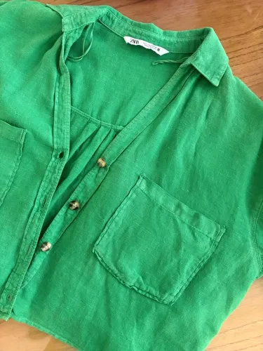 Blusa de Linho Verde Zara com Mangas - tam P - 40
