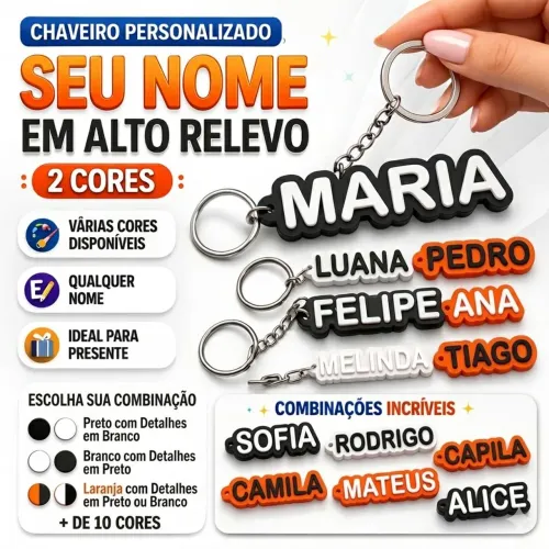 Chaveiro Personalizado em Alto Relevo - Nome Próprio (Várias Cores)