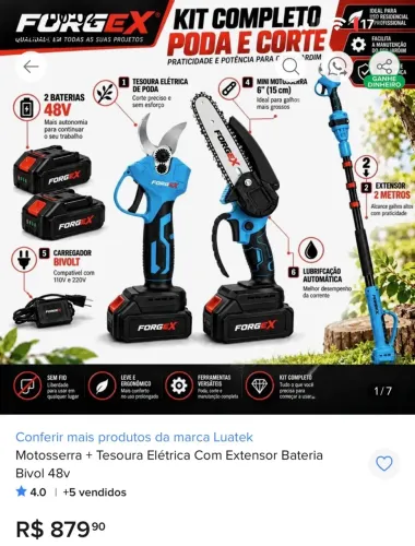 Kit Tesoura Elétrica de Poda + Mini Motosserra 6? com Extensor 2 Metros 48V Bateria Bivolt