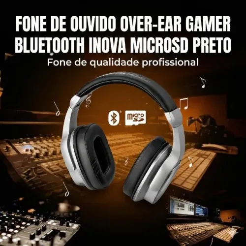 Fone de Ouvido Over-Ear Gamer Bluetooth Inova MicroSD Preto e Rádio FM integrado