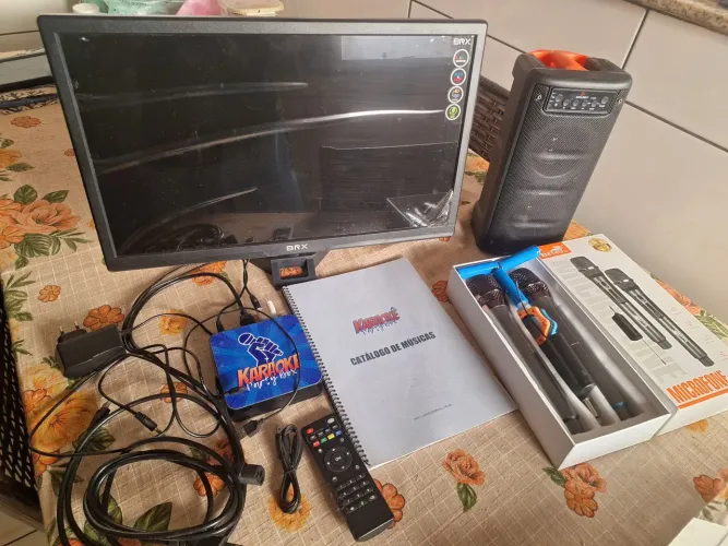 Karaoke Party Box Profissional Completo + Monitor + Caixa + 2 Microfones Sem Fio