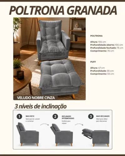 Poltrona Articulada veludo cinza c puff