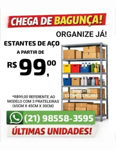 R$99 Estantes de Aço a partir de R$99,00 (Novas) Produtos Certificados Aprovados ISO 9001