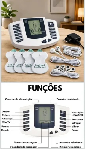 Aparelho de fisioterapia massageador elétrico com eletrodos para alívio de dores muscular.