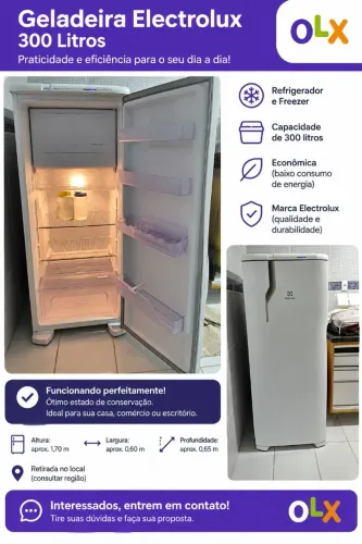 Geladeira Electrolux 300L Branca - Funcionando Perfeitamente