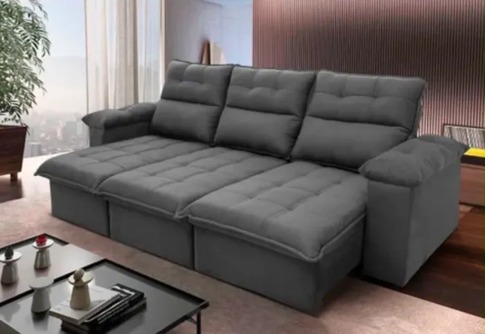 Sofá Retrátil/reclinável 2,30m Suede Veludo Cinza
