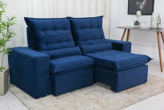 Sofá Retrátil e Reclinável 3 Lugares Atlanta 2.00m Veludo Azul Até 12x - Frete Grátis