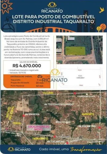 LOTE PARA POSTO DE COMBUSTIVEL DISTRITO INDUSTRIAL TAQUARALTO EM PALMAS-TO