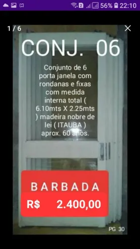 CONJ.DE 6 PORTAS USADAS ( FOLHAS ) DE CORRER EM MADEIRA NOBRE ITAUBA E VIDROS GROSSOS 