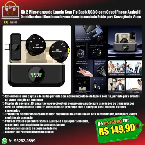 Kit 2 Microfones de Lapela Sem Fio Basix USB C com Case iPhone Android