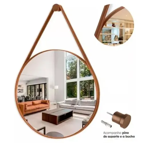 Espelho Redondo Decorativo Couro Caramelo 60cm + Suporte