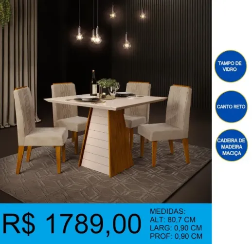 Mesa de jantar com 4 cadeiras estofadas - Entrega e montagem inclusa