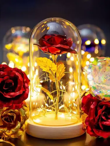 Rosa Pequeno Príncipe e Bela Fera Linda Vermelha com LED Presente Charmoso Natal