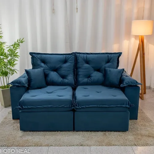 Sofá Retrátil Reclinável Porto Madri 2.00m Veludo Azul - D28