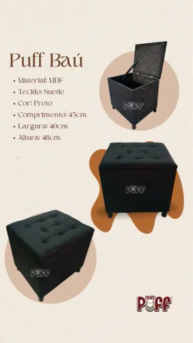 Puff Baú Preto Suede MDF