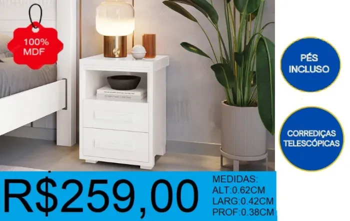 Mesa de cabeceira 2 gavetas 100% MDF - o melhor dia para aproveitar a oferta é hoje!!