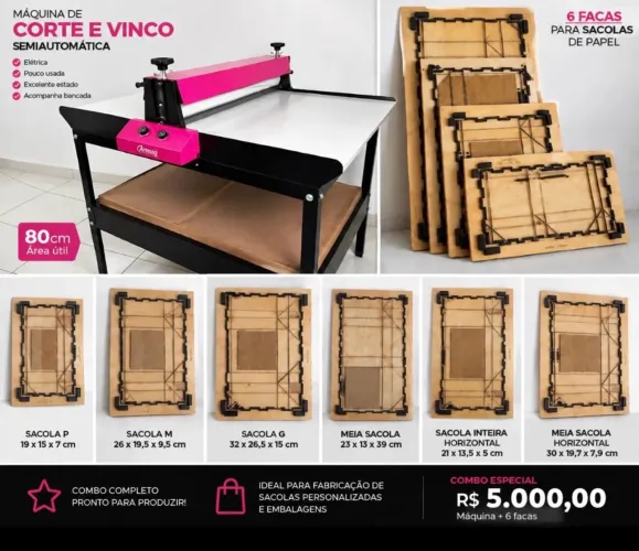 Máquina de corte e vinco 80 cm semiautomática + 6 facas para sacolas
