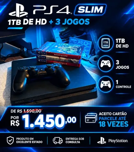 PS4 SLIM , 1TERA , 1 CONTROLE, SEMI NOVO + 3 JOGOS + garantia