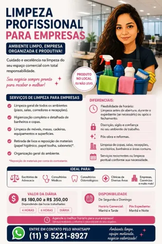 Limpeza Comercial- pós obra- mudança- Faxina e Diarista 