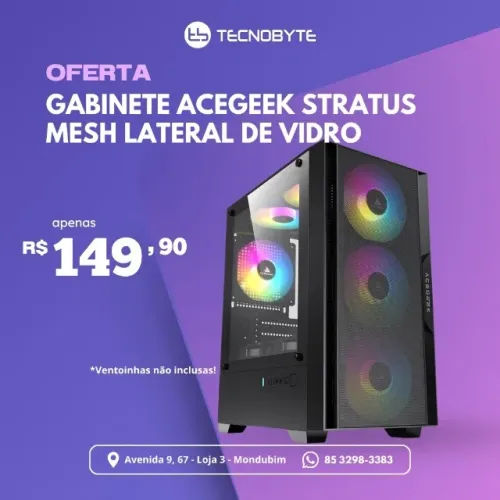 Gabinete Gamer Acegeek Stratus Mesh, Mid-Tower, Lateral de Vidro, Preto, AG-STRATUS-MESH-B