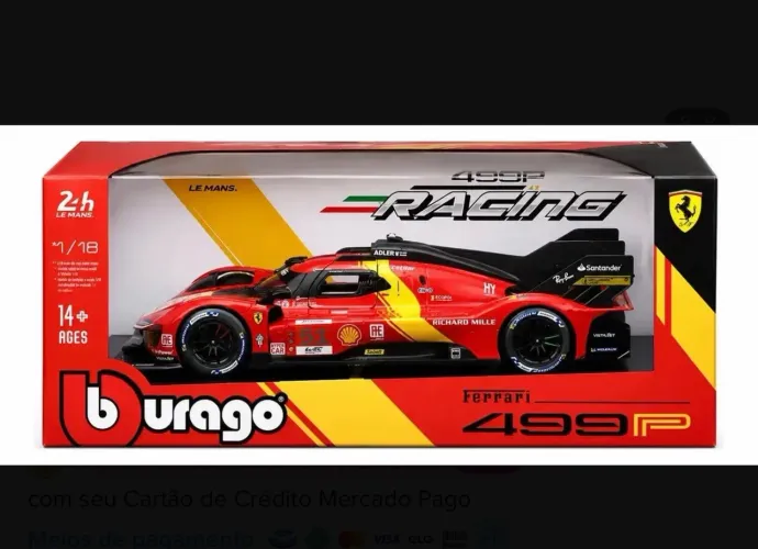Miniatura Ferrari 499P 2023 Richard Mille #51 Burago 1:18 Vermelha