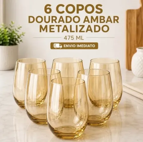 Jogo 4/6/12 Copos Vidro Dourado Metalizado Luxo