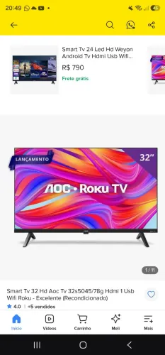Smart TV 32" HD AOC 32S5045/78G com Roku TV, Comando de Voz, HDMI, USB Wi-Fi e Conversor D