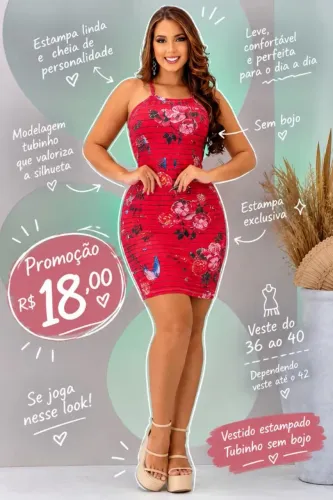 Vestido tubinho Estampado Sem Bojo