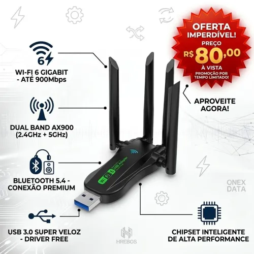 Adaptador de Rede Wi-Fi 6 AX900 Mbps Dual Band com Bluetooth 5.4 e Antenas - USB 3.0
